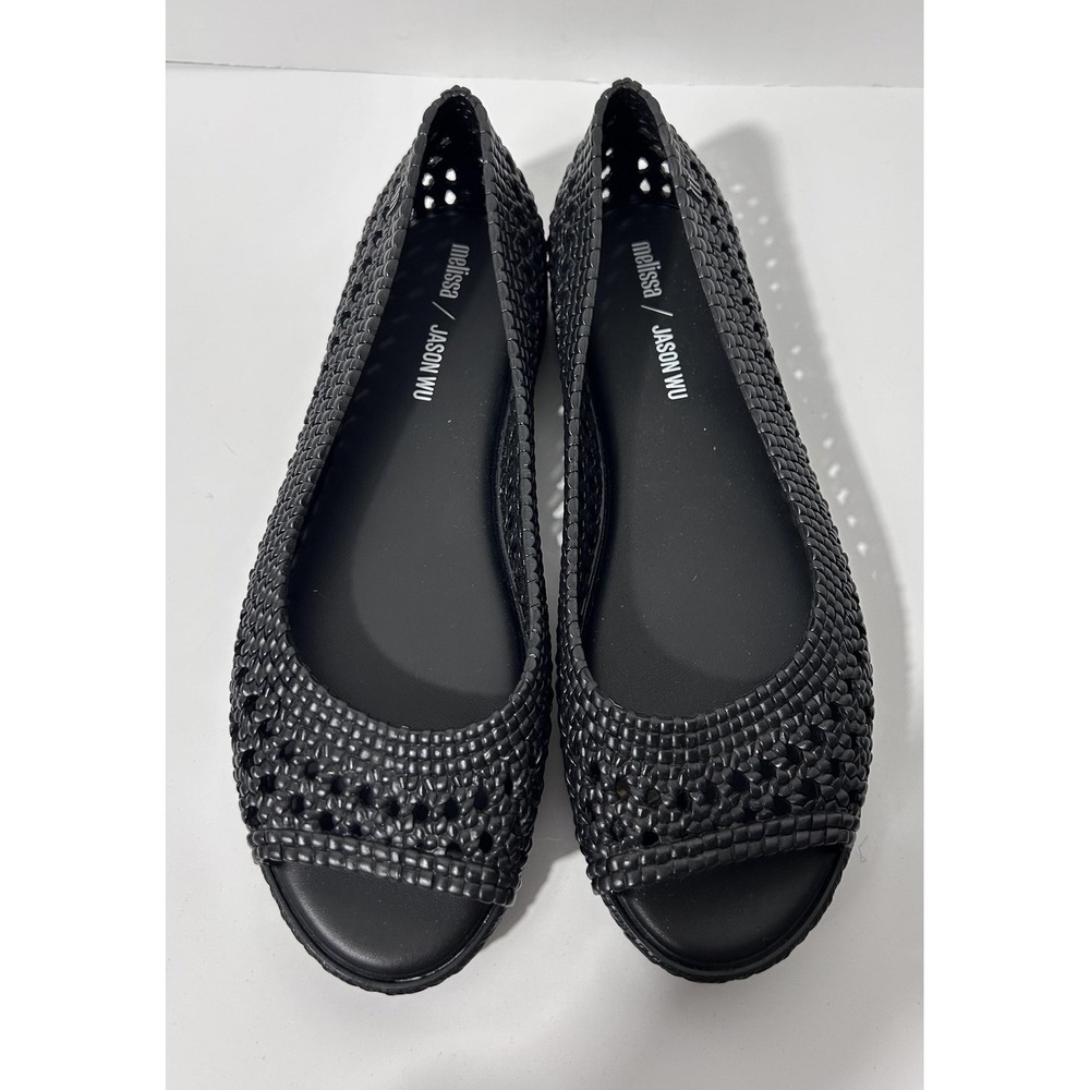 Melissa Jason Wu Shoes Womens Size 10 Black Woven Ballet Flats Peep Toe Jelly